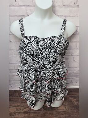 A Shore Fit 20W Palm Leaves Floral Tiered Ruffled Tankini Top Swimsuit Modest